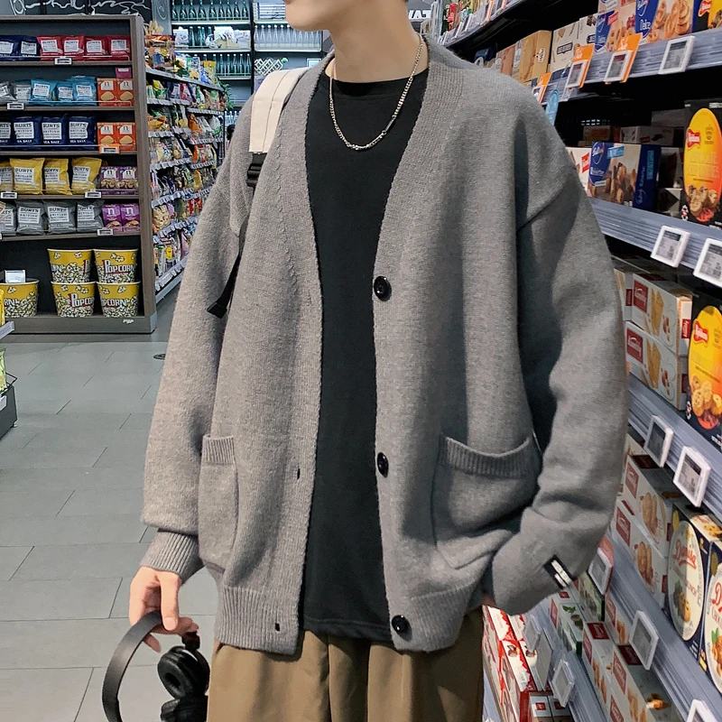 

Мужской свободный повседневный вязаный кардиган с V-образным вырезом, весенне-осенний, модный, однотонный, в корейском стиле, для отдыха, верхняя одежда