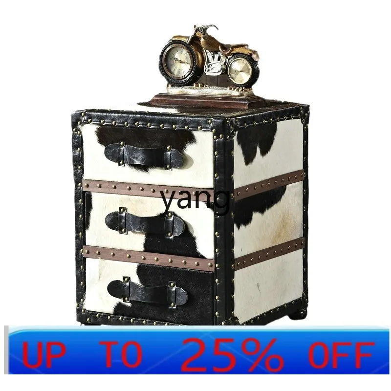 LMM industrial style first layer cowhide retro bedside table cow fur box decorative cabinet