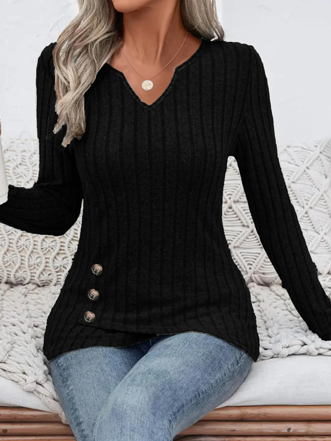 Autumn Winter Long-Sleeved T Shirt Women Irregular V-Neck Tops Fashion Casual Solid Color Street Style Buttons Pullover Tshirt