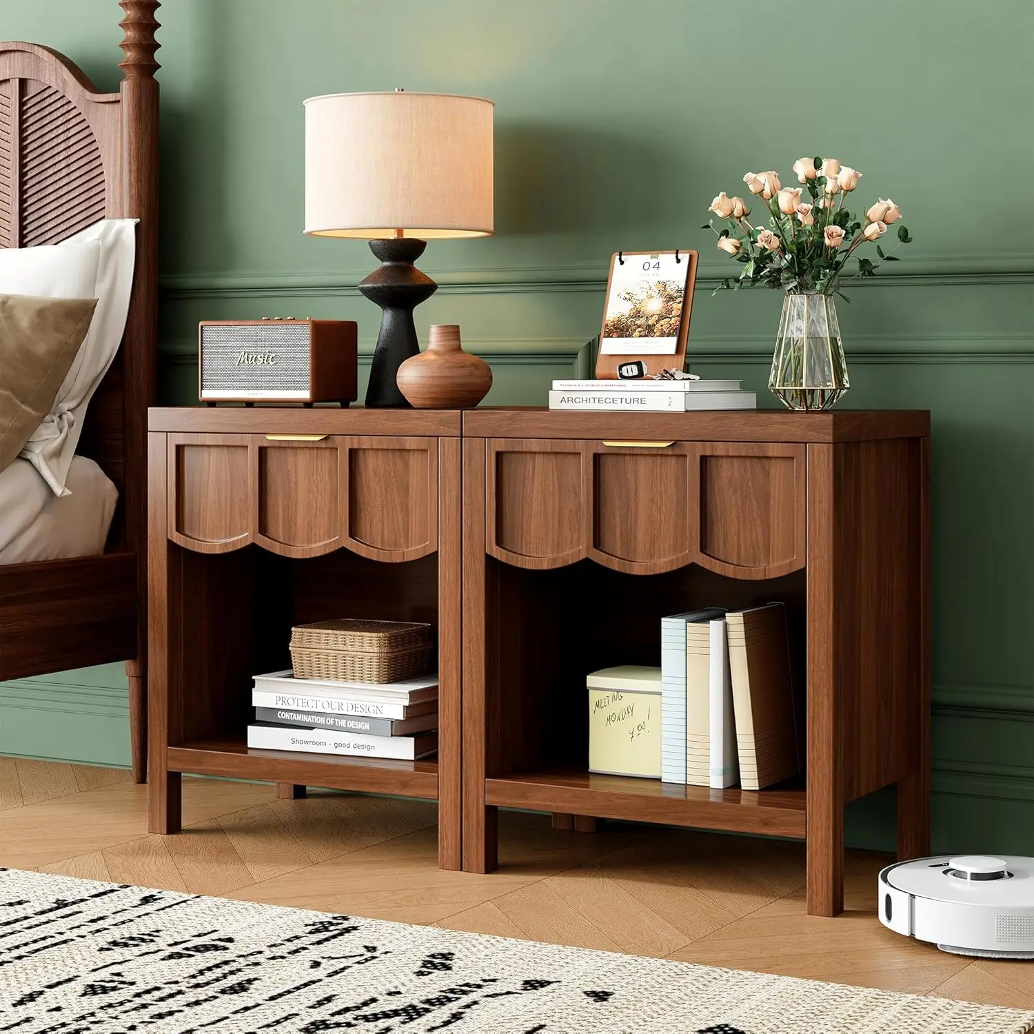 24" Nightstand Set Of 2, Solid Wood End Table With Wave Panel Drawer, Mid Century Modern Chest Of Drawers, Wooden, Customized