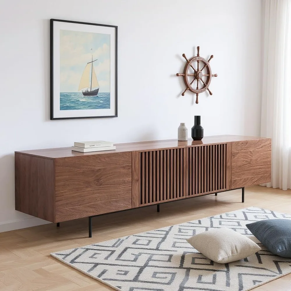 Mid Century Modern TV Stand for 70-90 Inch Tvs, 4 Cabinet Storage Console,