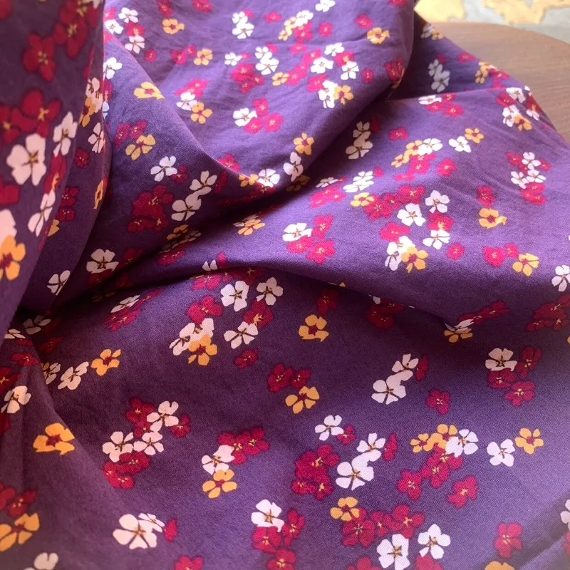 100% Cotton Fabric High Count High Density Long Staple Eggplant Purple Tiny Floral Print for Shirt Dress Trench Coat DIY Sewing