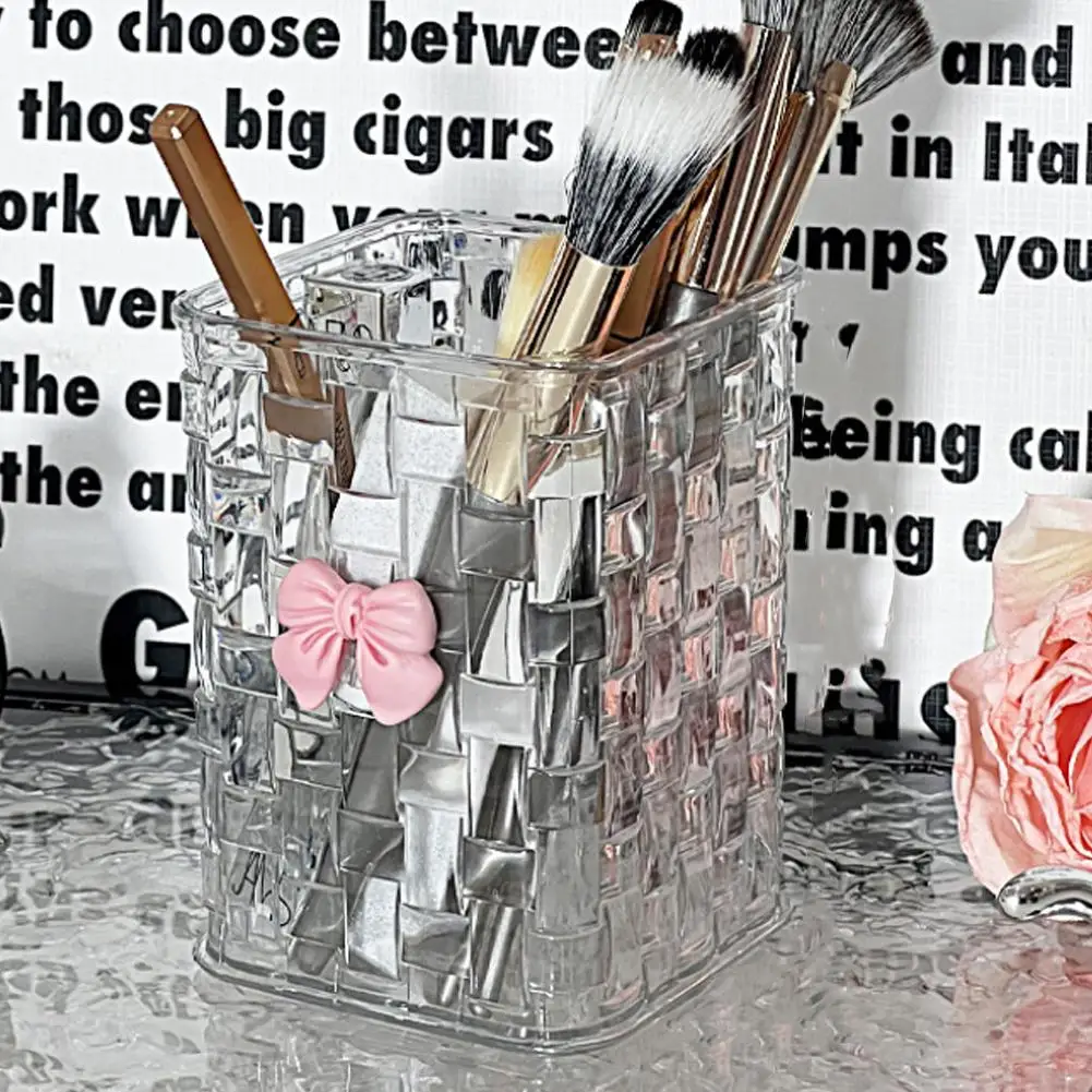 Rattan Pattern Desktop Makeup Brush Organizer – Luxury Storage Box with Premium Texture, Multifunctional Holder for Brushes, Pen