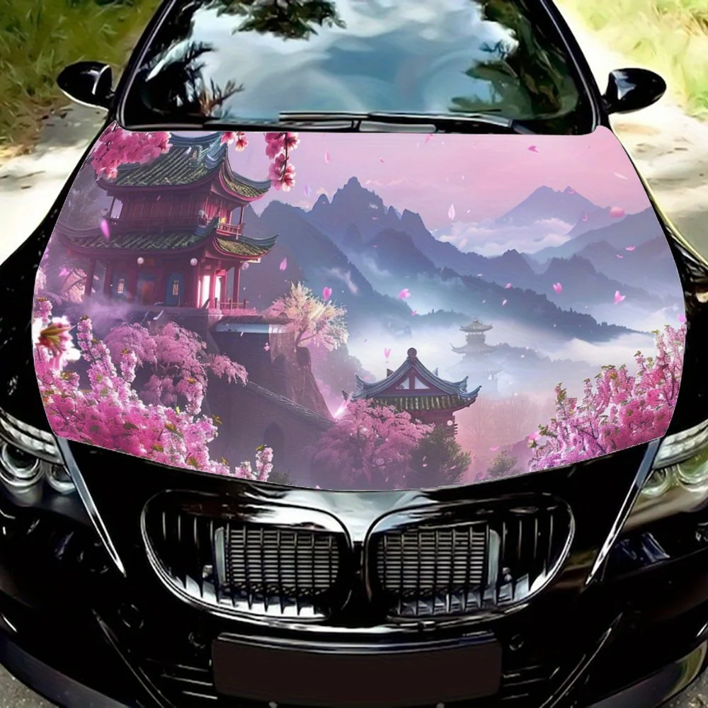 Beautiful Mountain Mist Cherry Blossoms Car Hood Wrap Color Vinyl Sticker Truck Graphic Bonnet Auto Accessories Decor Decal Gift