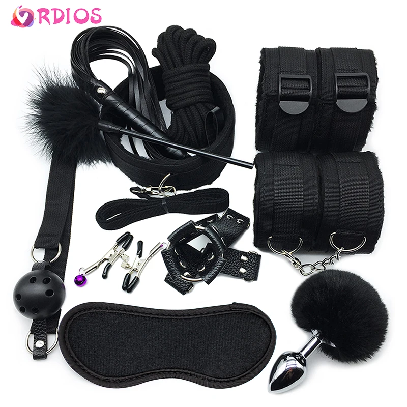 VRDIOS BDSM Sex Bondage Set Handcuffs Gag Whip Nipple Clamps Erotic Sex Toy for Women Couples Adult Sex Shop Anal Butt Plug Tail