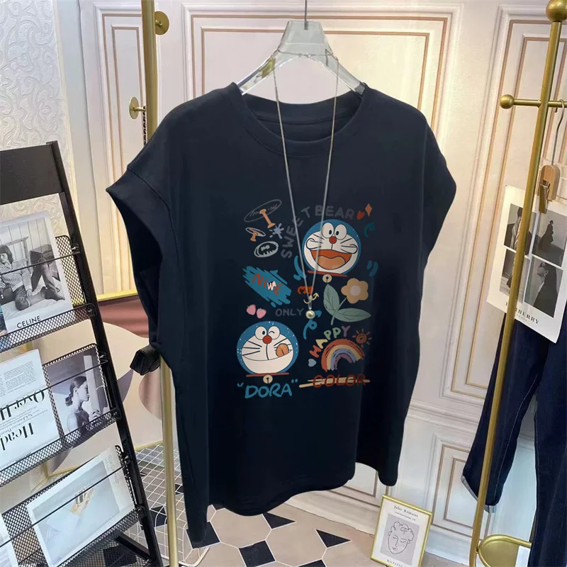 

Japanese Style Anti-Aging Short Sleeve T-Shirt Women's Summer New Machine Print round Neck Loose Sleeveless Top