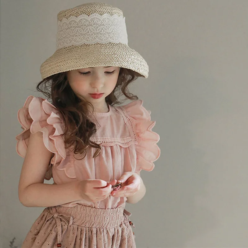 Girl Shirt Top 2024 Summer Korean Children Wear Children Girls Solid Color Lady Fair-edge T-shirt Baby Girl Princess Top Vest