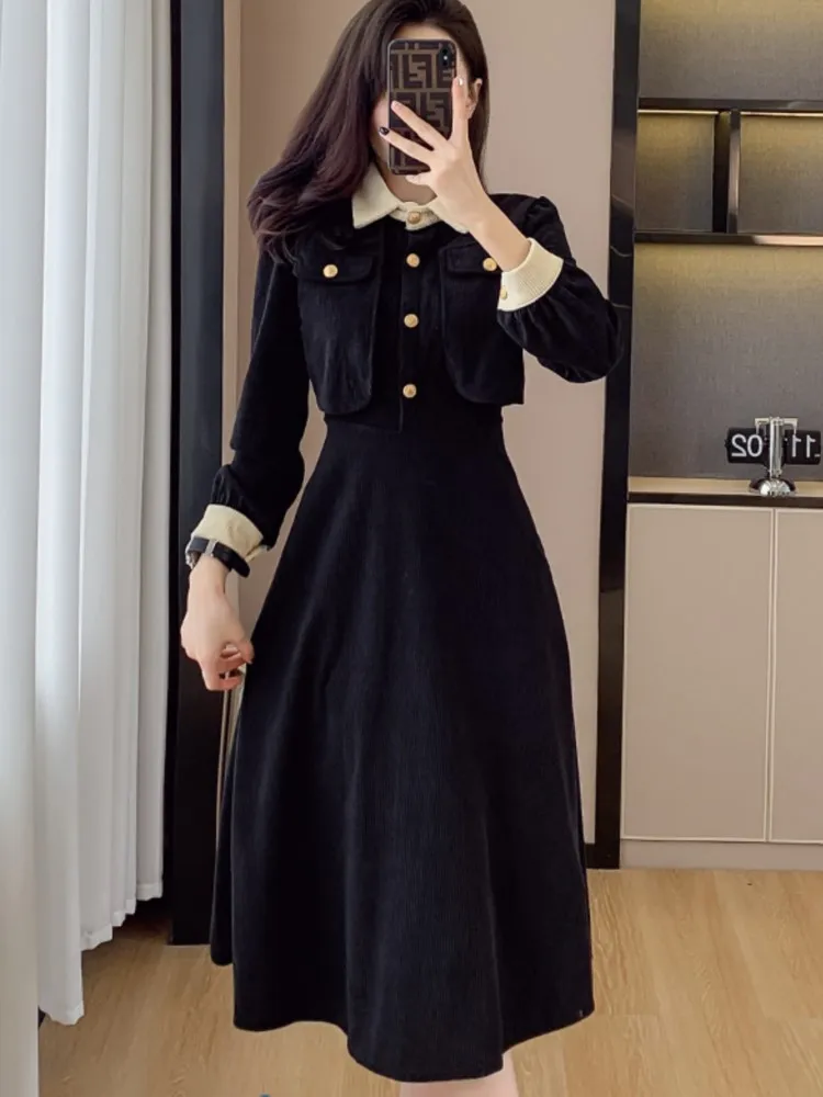 Women\'s Elegant Midi Dress Long Sleeve Fake Two Piece Set High Waist Dresses Korean Vintage Patchwork Fashion Spring Autumn New