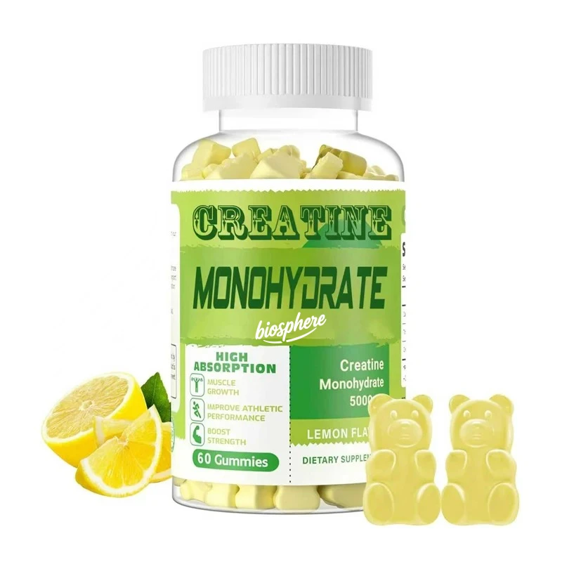 Creatine monohydrate gummies 5g for men and women - sugar free chewable supplement. 60 lemon gummies