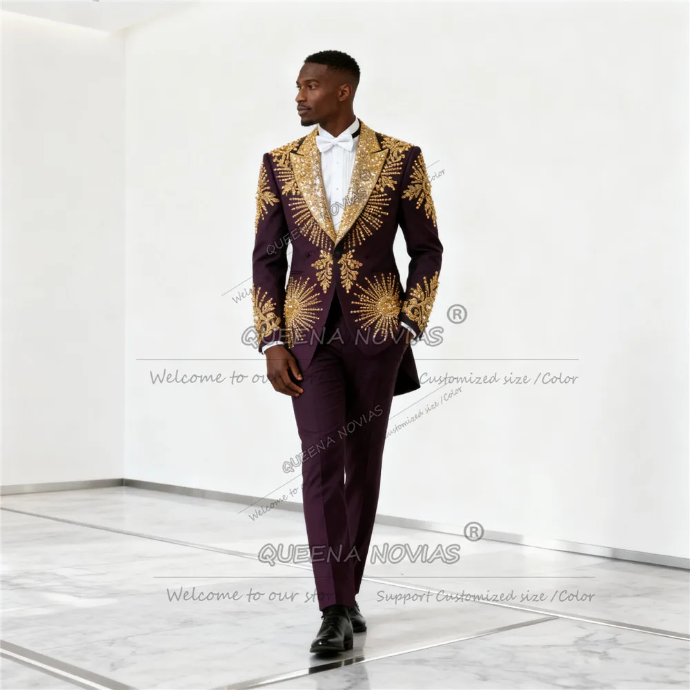 Brilliant Gold Pearls Beaded Men Suit Attire For Wedding Sequined Label Prom Blazers Customized 2 Piece Set Groom Tuxedos Outfit