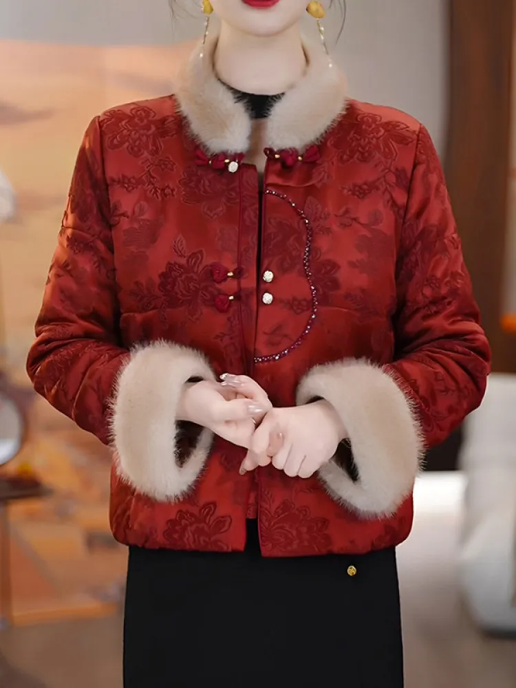 

Утепленная женская хлопковая куртка в новом китайском стиле, пушистая, теплая, модная, ретро, с коротким рукавом, на одной пуговице