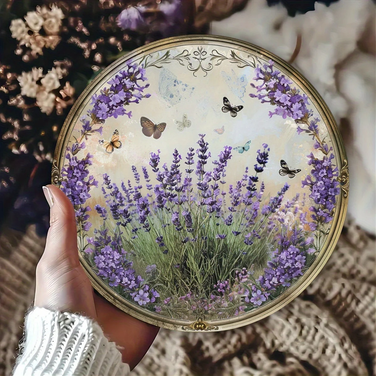 1pc Vintage Lavender Fields and Butterflies Aluminum Wall Art - Metal Sign with Pewter Paint, Indoor/Outdoor Decor for Home, Din