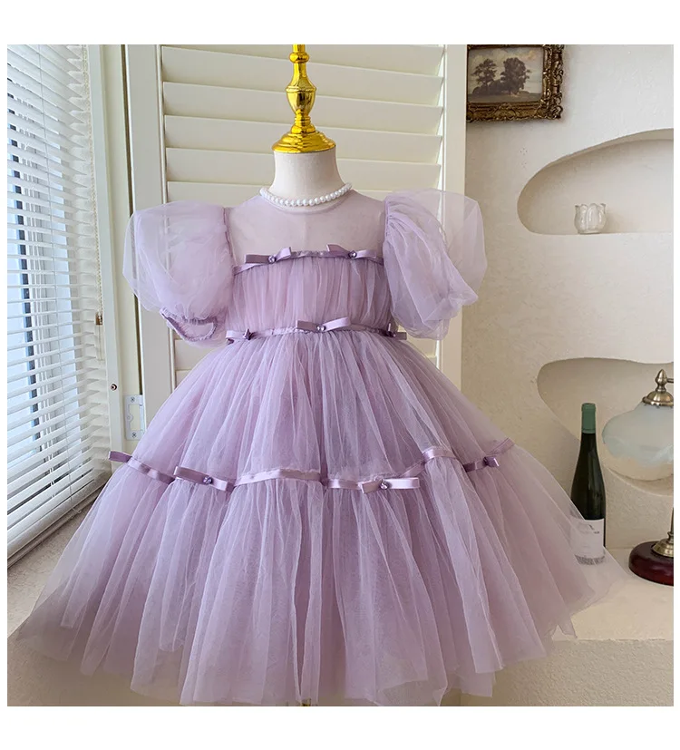 Kid Girl Light Purple Tulle Dress for Children Puff Mesh Sleeves Multiple Horizontal Ribbon Bands Delicate Bowknot Details Skirt