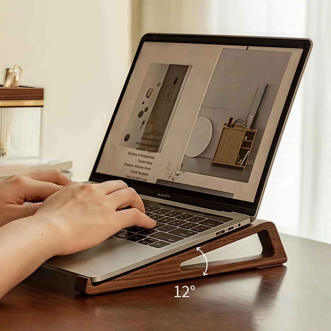 Portable Foldable Wooden Laptop Stand-Ergonomic 12° Adjustable Angle, Cooling Ventilation Triangular Design,Office Accessory