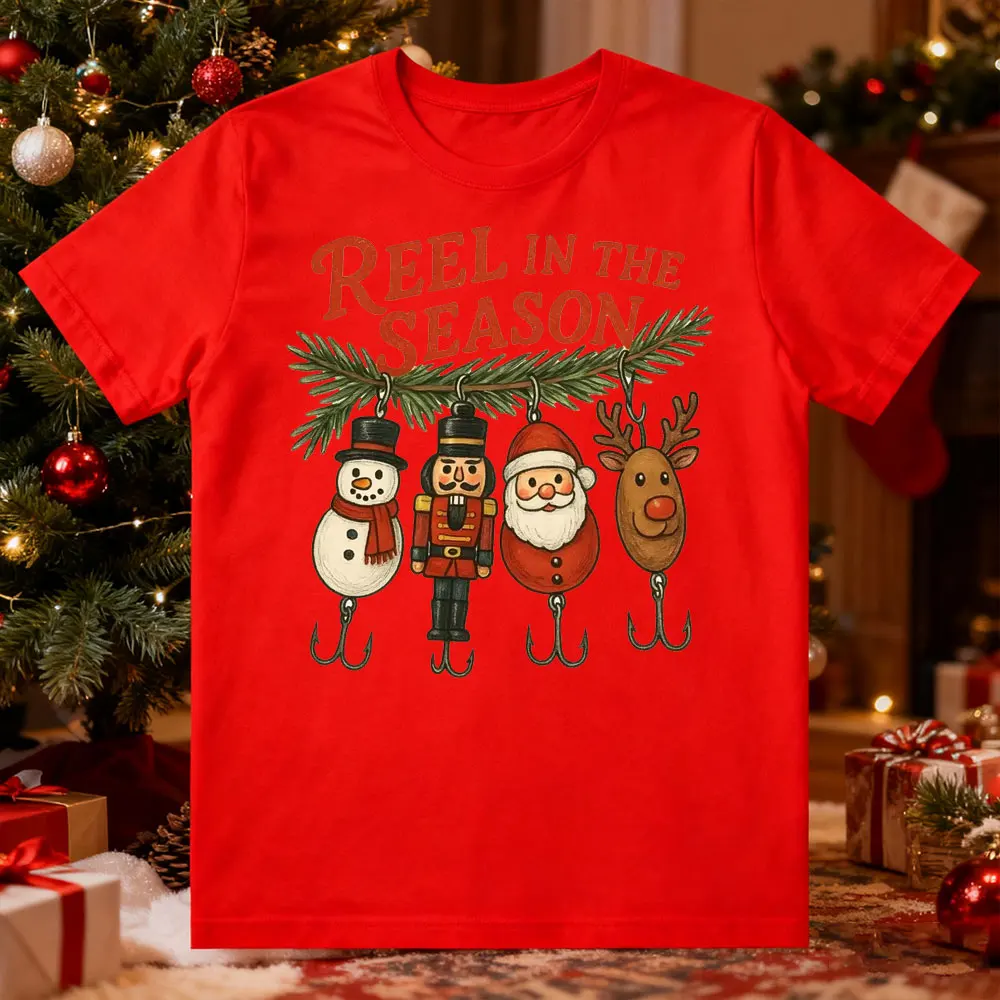 REEL IN THE SEASON Camisa de pesca navideña divertido pescador sublimado mujeres hombres algodón Tww Tops Y2k Top camisetas gráficas