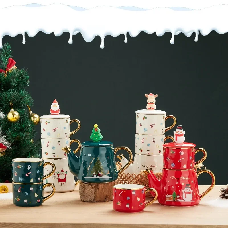 Santa Claus/Elk/Snowman Tea Pot and Cup Set Christmas Ceramics Teaware Sets Coffee Cup & Saucer Drinkware Xmas Gift 1 Pot 2 Cups