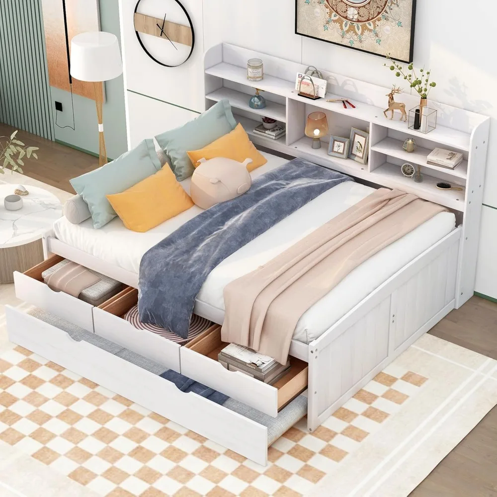 Full Corner Bed Frame with Bookcase Storage, Daybed with Trundle & 3 Drawers Solid Wooden Platform Bedframe Captain Bed
