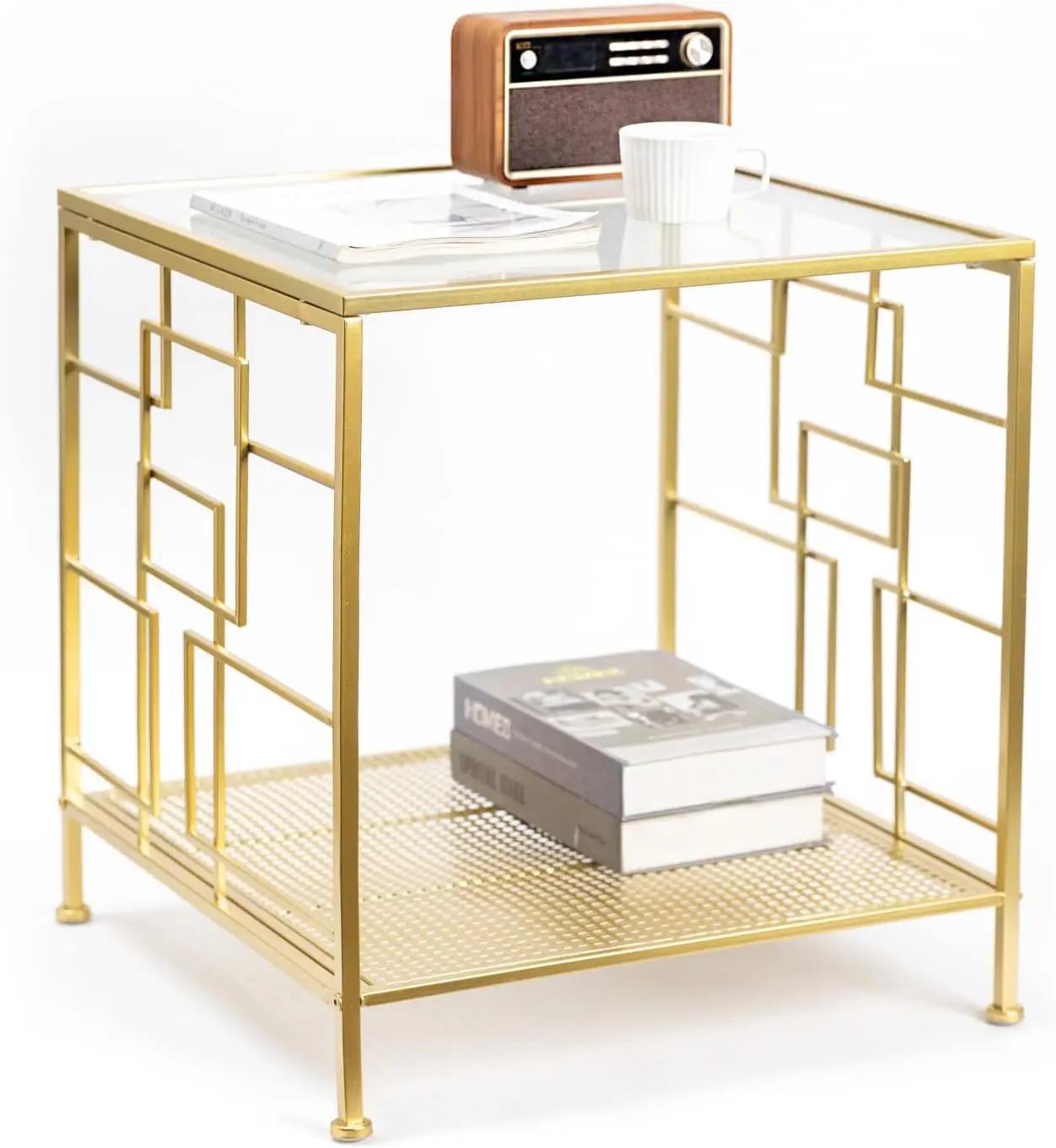 

End Table,20 Inch Gold Side Table,Coffee Table with Mesh Shelf for Living Room Balcony Bedroom Porch