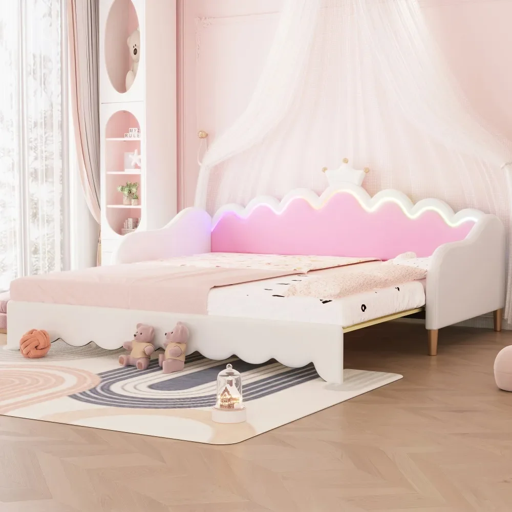 Modern Cushioned Princess Sofa Bed with LED Lights and Crown Headboard Space Maximizing Bed Design