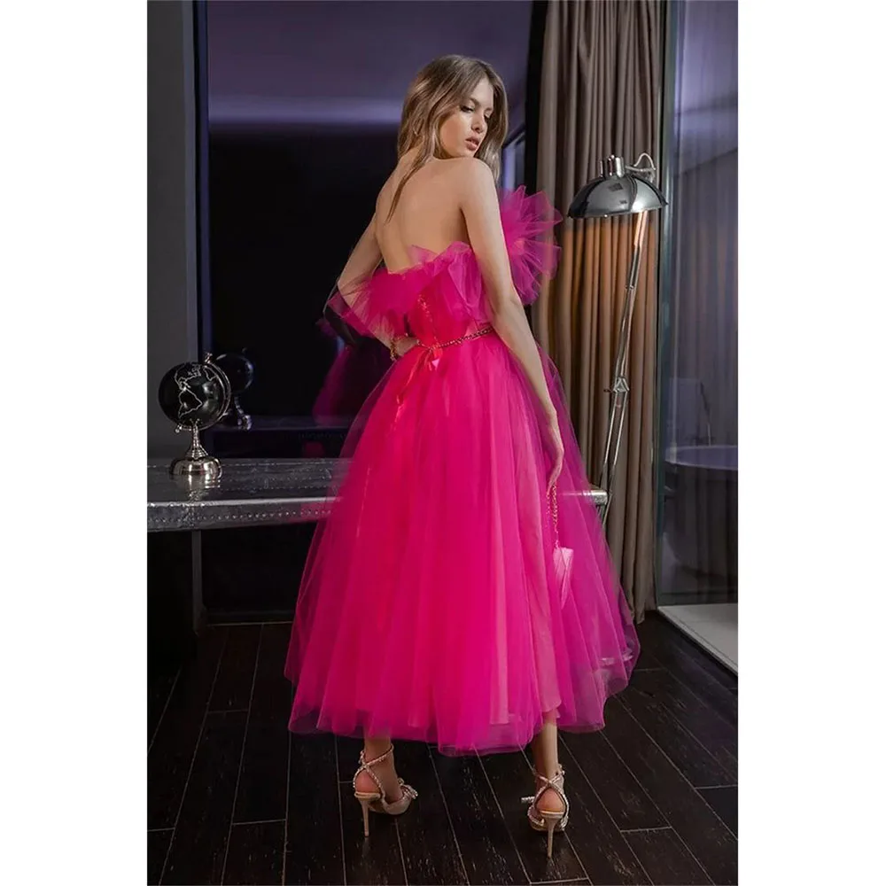 Elegant Pretty Rose Red Women Prom Dresses Strapless Sleeveless Tea Length Fashion Chic High Quality Evening Party Ball Gowns