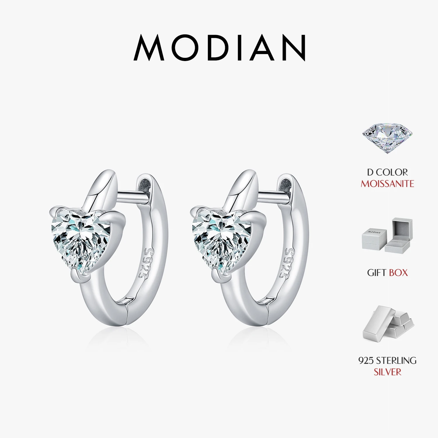 MODIAN 925 Sterling Sliver Dazzling Romantic Heart Moissanite Hoop Earrings For Women Fine Jewelry Accessories