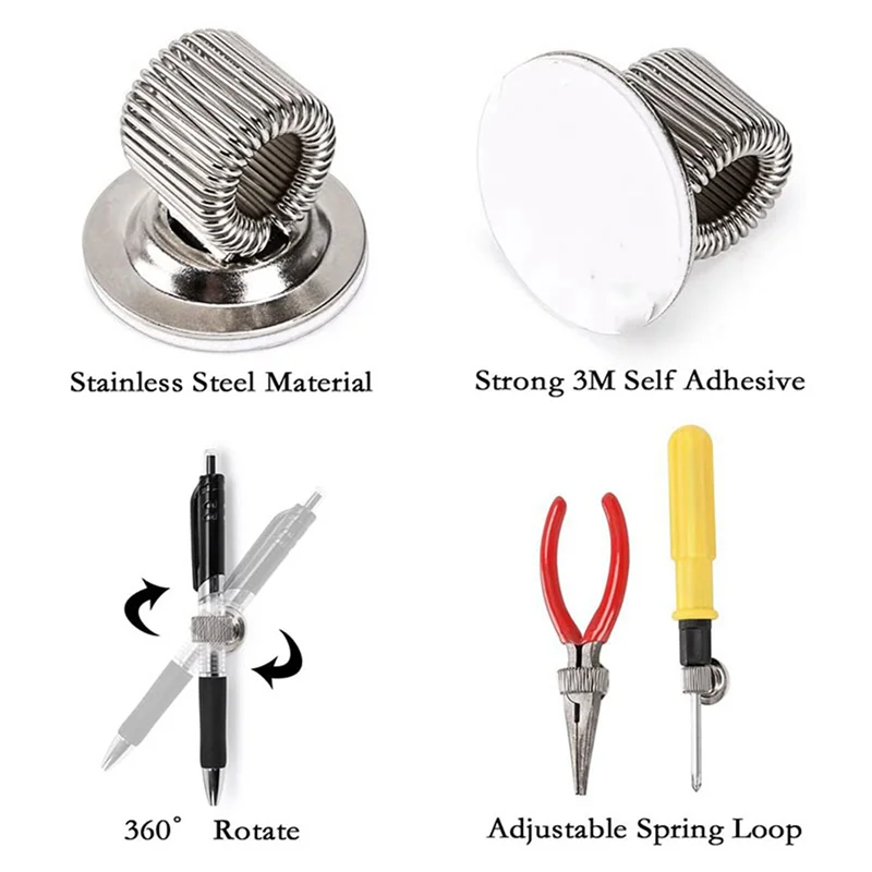 48 PCS Stainless Steel Pen Pencil Holder Clips With Adjustable Spring Loop Self Adhesive Pen Clip Holder