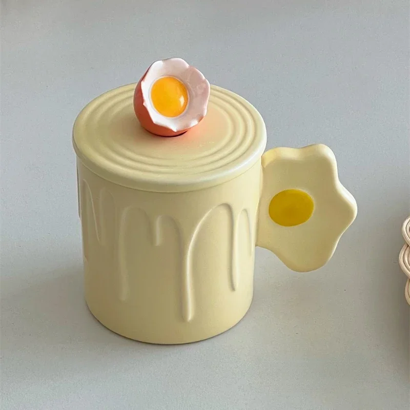 Cute Yellow Fried Egg Poached Egg Creative Milk Ceramic with Lid Mark Water Cup Breakfast