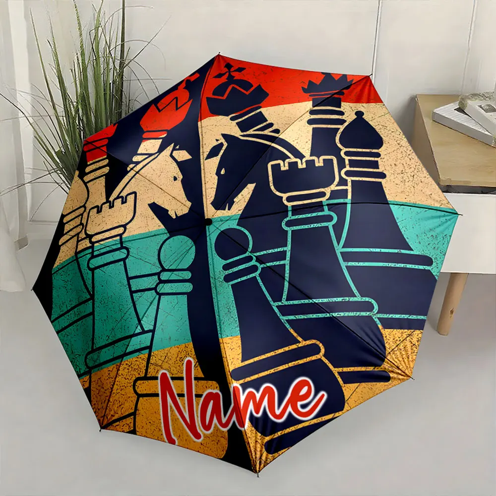 Custom Name Colorful Chess-Themed Umbrella Design Print 8 Iron Ribs Folding Umbrella, Auto-Open Fashion Sunshade