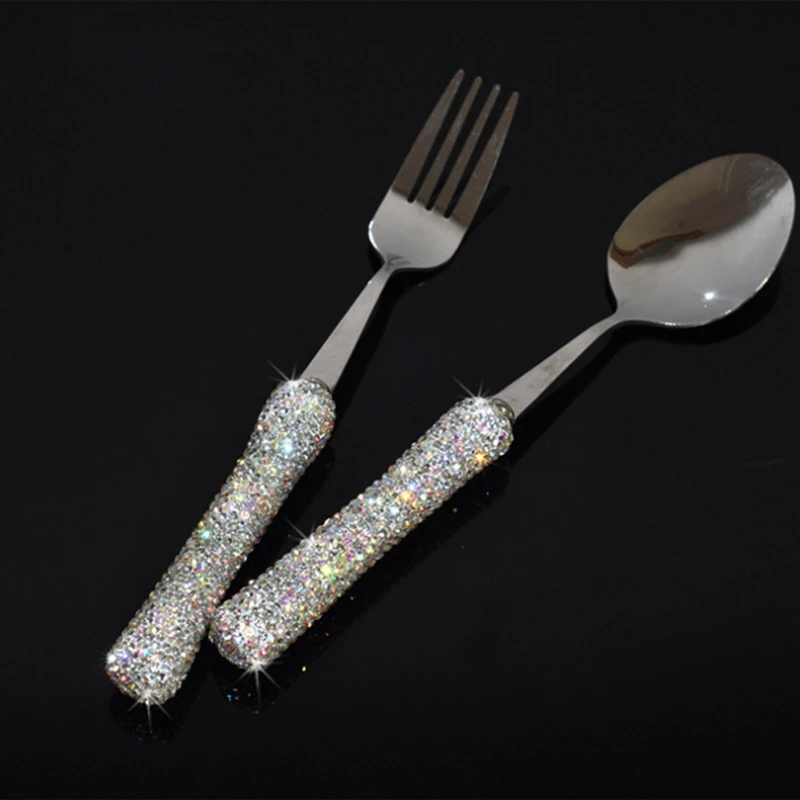 Diamond Cutlery Set,Stainless Steel Fancy Eating Utensils Portable Tableware With Box Brilliant Sparking Spoon