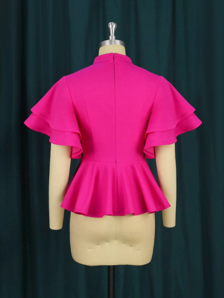 Women Summer Fuchsia Tops Halter High Neck Layered Flare Sleeve Peplum Shirt Blouses Elegant Fashion Large Size Stretch Clothes