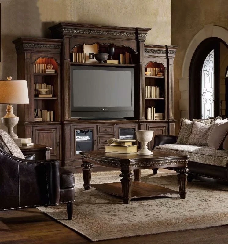 Villa background wall carved display solid wood TV cabinet
