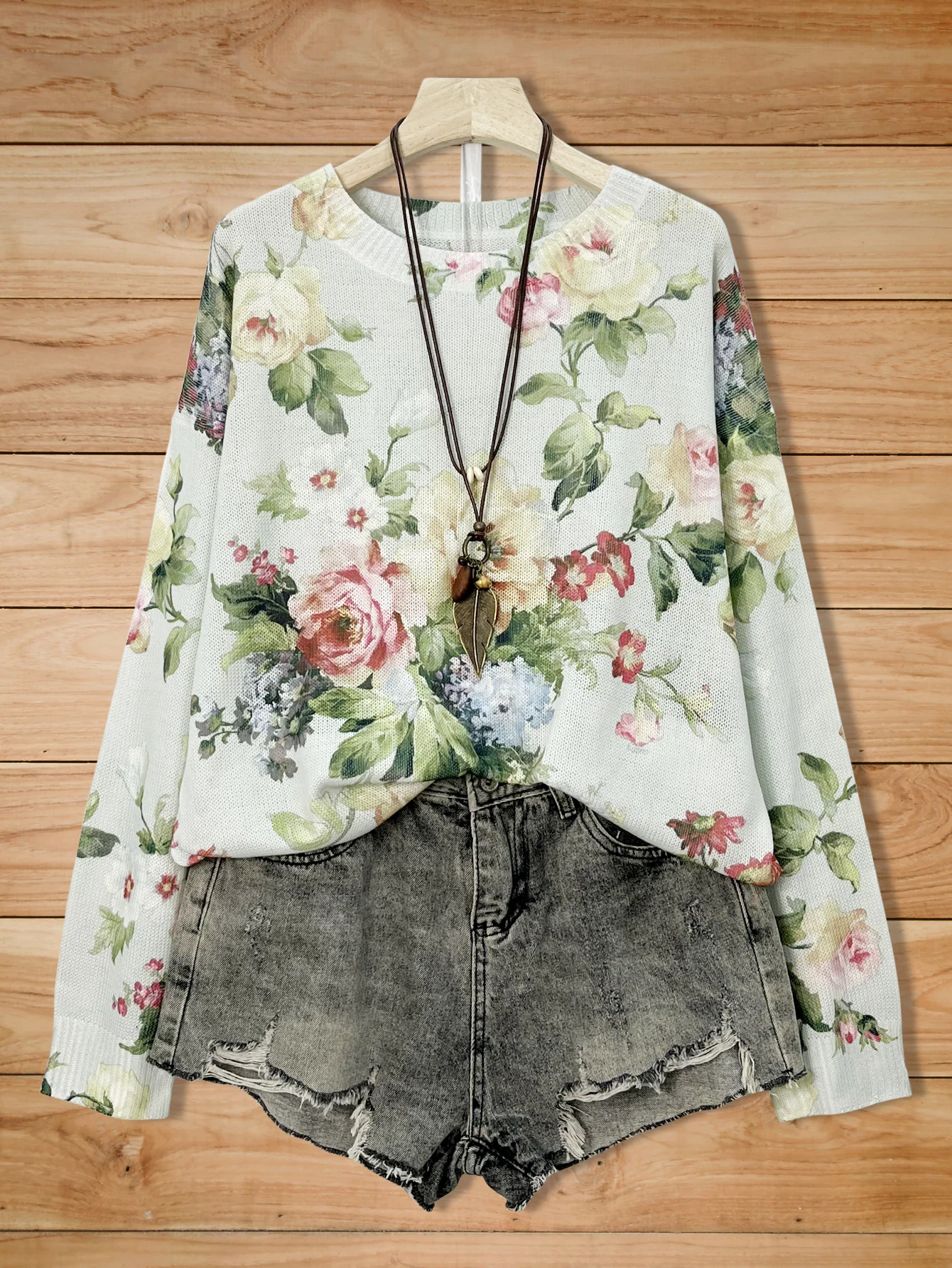 

plus Size round Neck Floral Print Design Women's Sweater Comfortable Fit Knitwear for Ladies