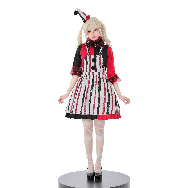 

Girl Halloween Costume Cosplay Circus Clown Carnival Funny Striped Suspender Dress Up Costume Stage Performance Party Suit
