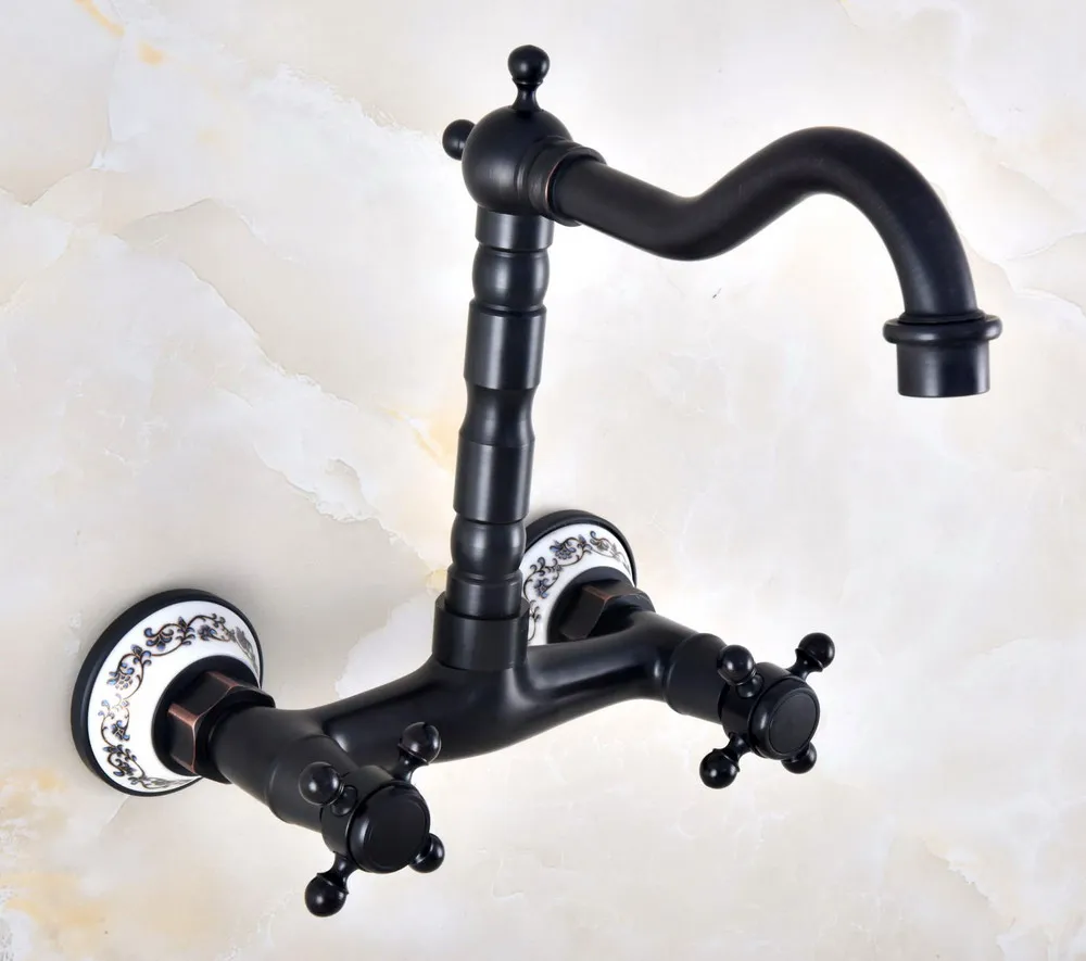 

Dual Handle Duals Hole Wall Mount Basin Faucet Oil Rubbed Bronze Kitchen Sink Faucets Bathroom Vanity Cold Hot Water Taps Dnf816