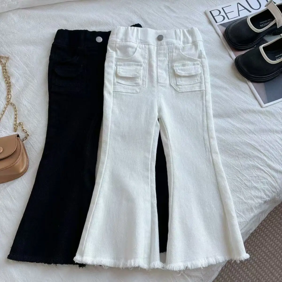 New Girls Pure Cotton Bell Bottom Pants for Spring Autumn Versatile Pants Girl Solid Color Micro Elastic Casual Pants 2-10Y