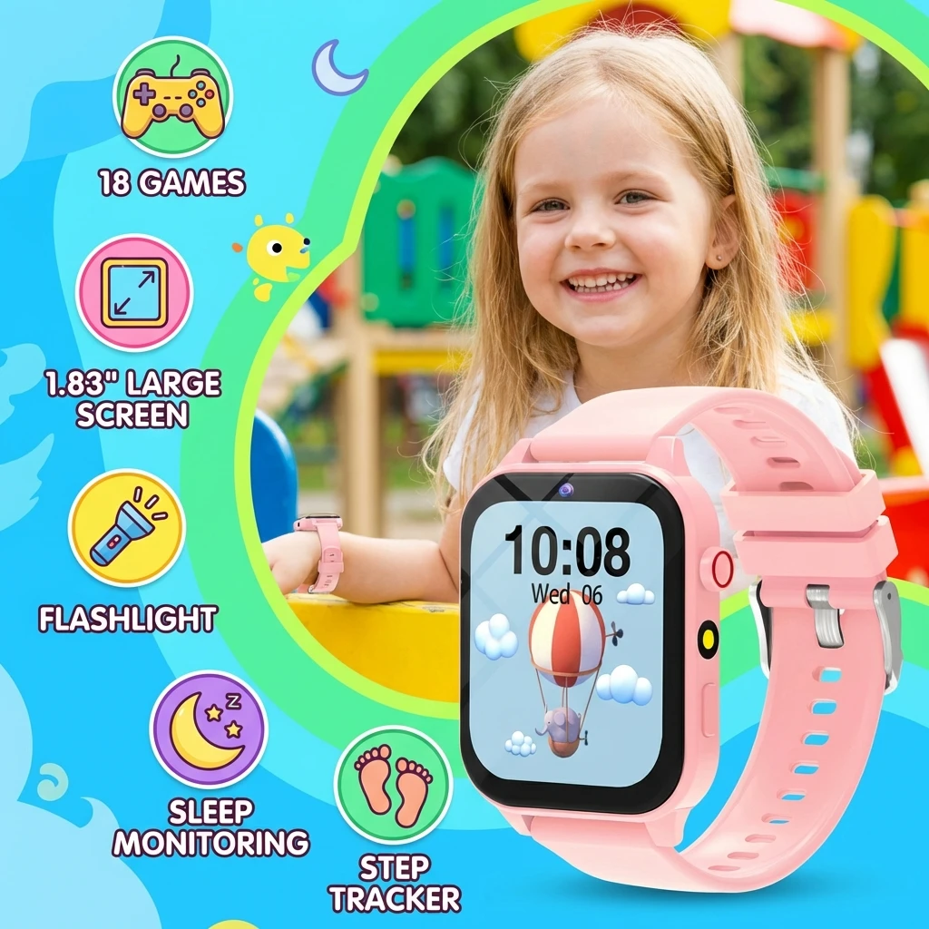 

Детские умные часы с 18 играми, мониторингом сна, будильником, обучающими функциями, идеальный цифровой смарт-часы, подарок для детей 5-12 лет