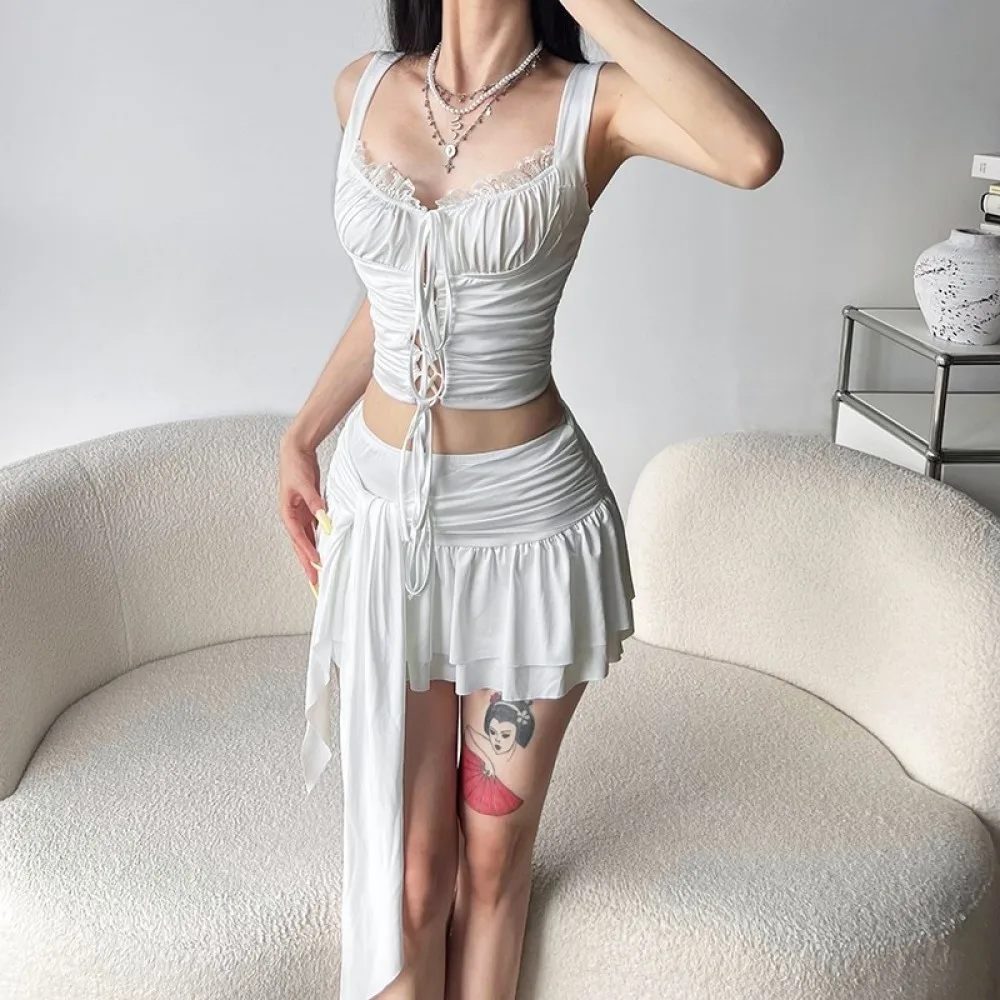 

SylCue Sweet Style 2 Piece Set Women Mesh Patchwork Backless Tank Tops+Kink Tierred Mini Skirts Summer Holiday Fashion Outfits