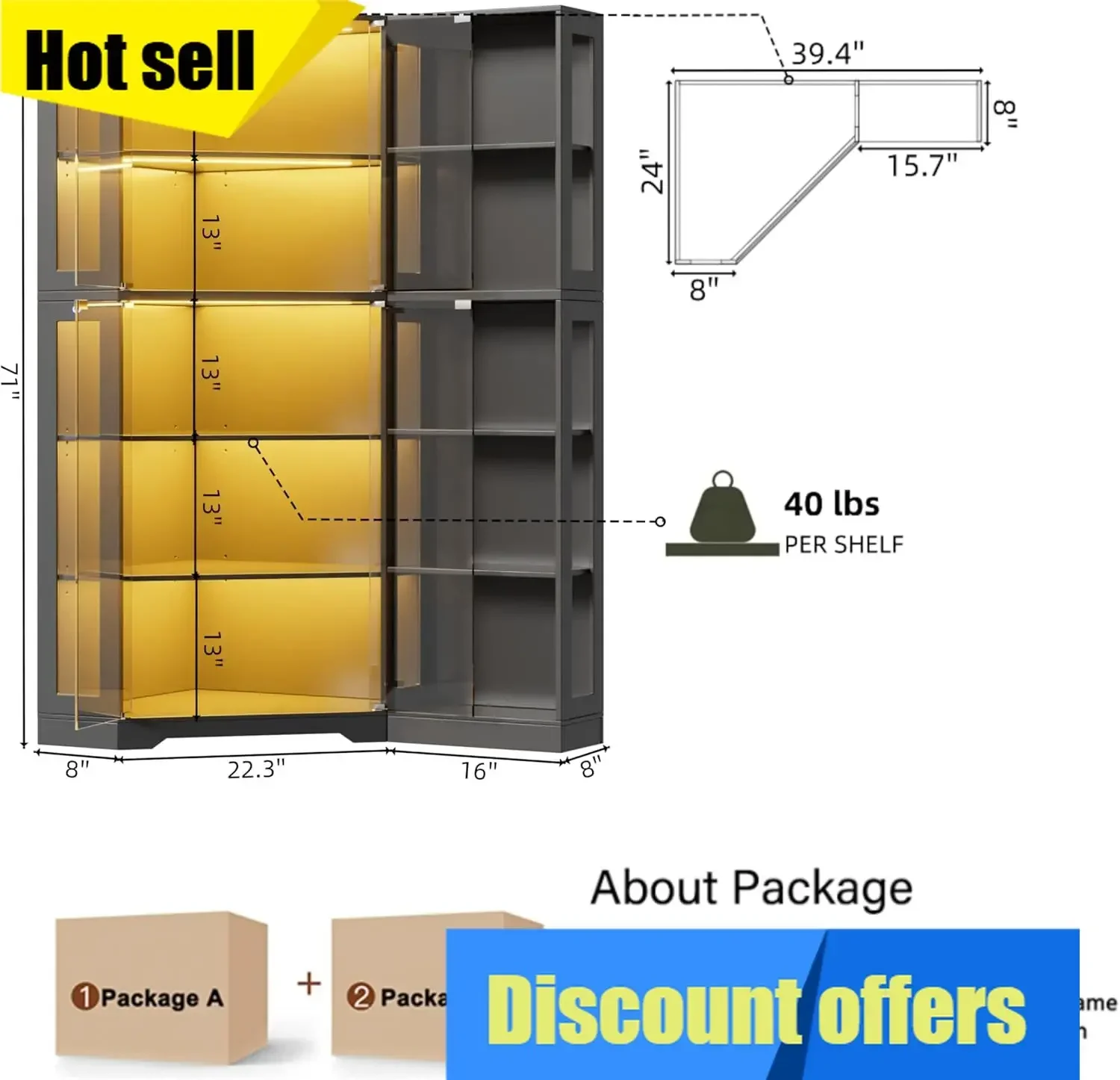 Glass Display Cabinet With Led Lights Storage Shelves For Collectibles Home Living Room Black