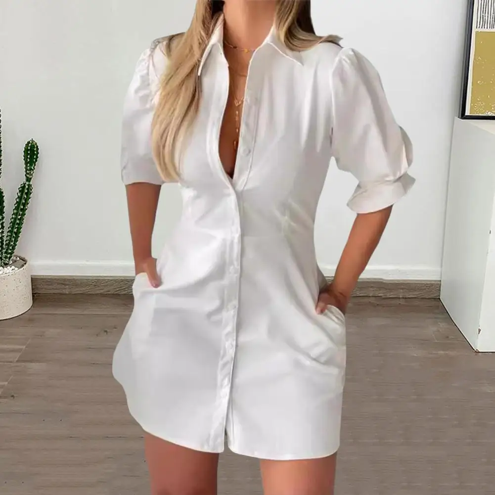 Slim Fit Dress Elegant Lapel Shirt Dress for Women Short Sleeve Business Midi Dress Solid Color Office Attire for Summer Women