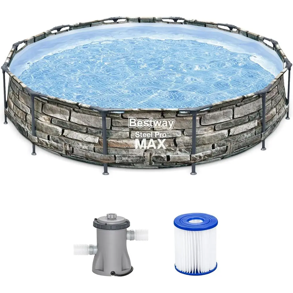 Piscina redonda sobre suelo con bomba de filtro y cartucho, 12' x 30', diseño con estampado de piedra