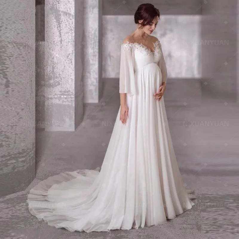 

Maternity Chiffon Wedding Dresses 2023 Long Sleeves Bohemian Pregnant Bridal Gowns Sweep Train Elegant Simple Robe De Mariage