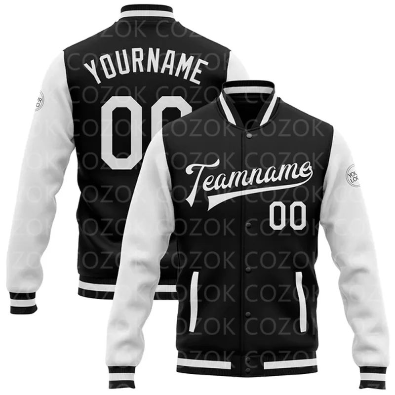 

Custom Black Color 3D Printed Baseball Button Jacket Bomber Full-Snap Varsity Letterman Jacket