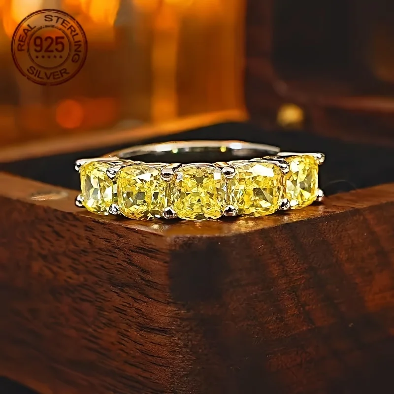 

925 Sterling Silver Asscher Cut Yellow Zircon Eternity Ring For Women White Gold Plated Wedding Engagement Bridal Fine Jewelry