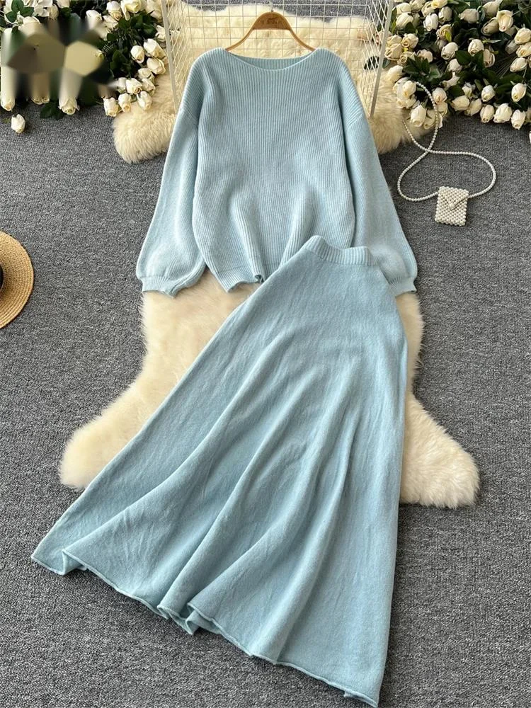 

Autumn Casual Two Pieces Sets Women O-Neck Loose Knitting Top+Elastic Waist Large Swing Skirt Basic Korean Winter Sets