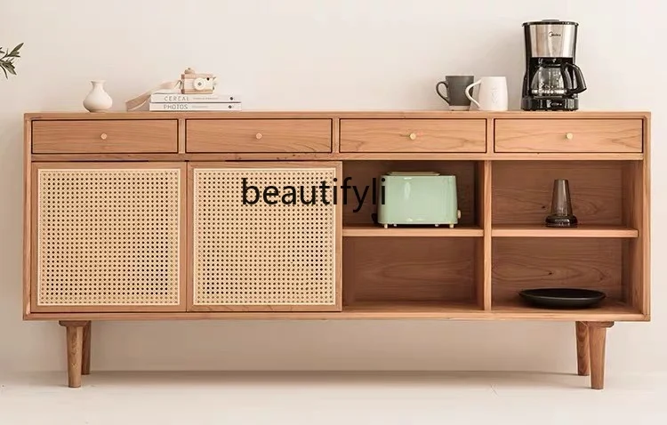 Solid Wood Rattan Sideboard Cabinet Living Room Locker Tea Cabinet Simple Multi-Functional Chest of Drawers Storage Cabinet