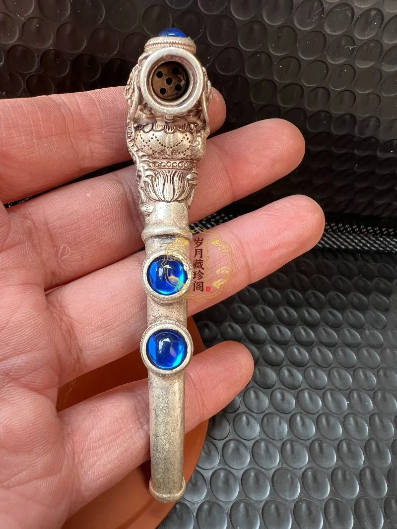 2026 Hot Vintage White Copper Inlaid Agate Smoking Pipe, Dragon Head Design, Durable Metal Pipe, Creative Gift for Grandfather