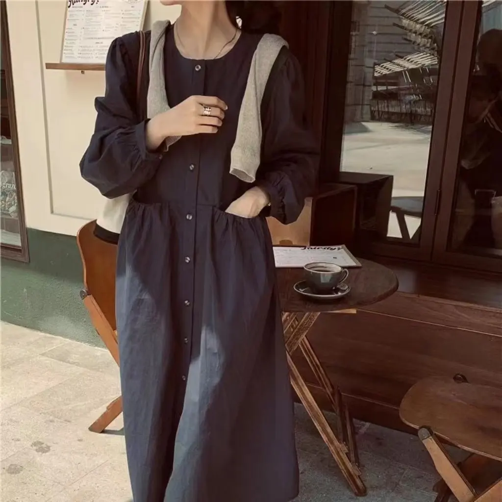 Hoge taille effen kleur lange shirtrok Koreaanse chique literaire single-breasted dames plus size jurk