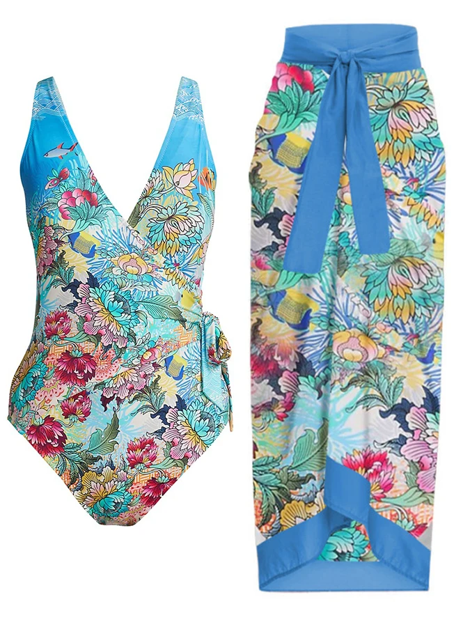 Blue Sexy Fashion Floral Print Deep V One Piece Swimsuit  Ladies Featured Tight Sleeveless Backless 2024 New  Swimwear  Trend