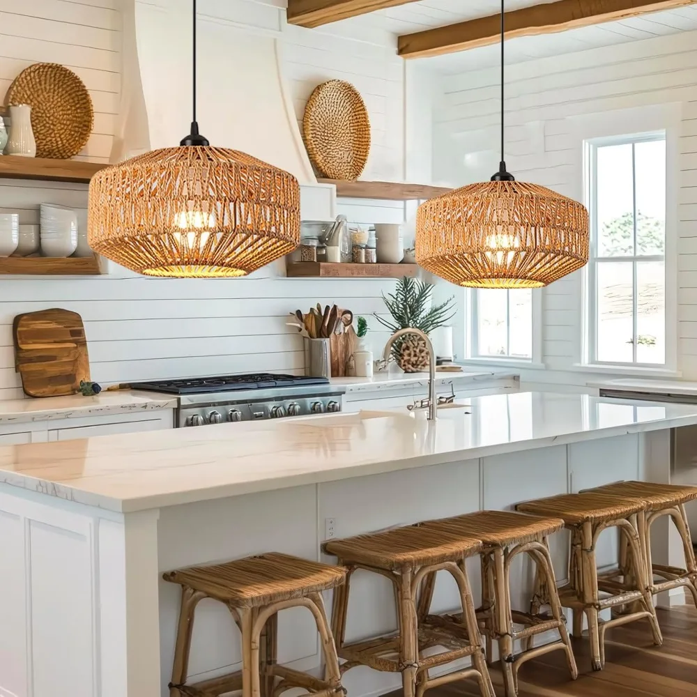 Boho Hemp Rope Chandelier Vintage Wicker Pendant Light Rattan Ceiling Hanging Lamp for Dining Room Bedroom Living Room E27