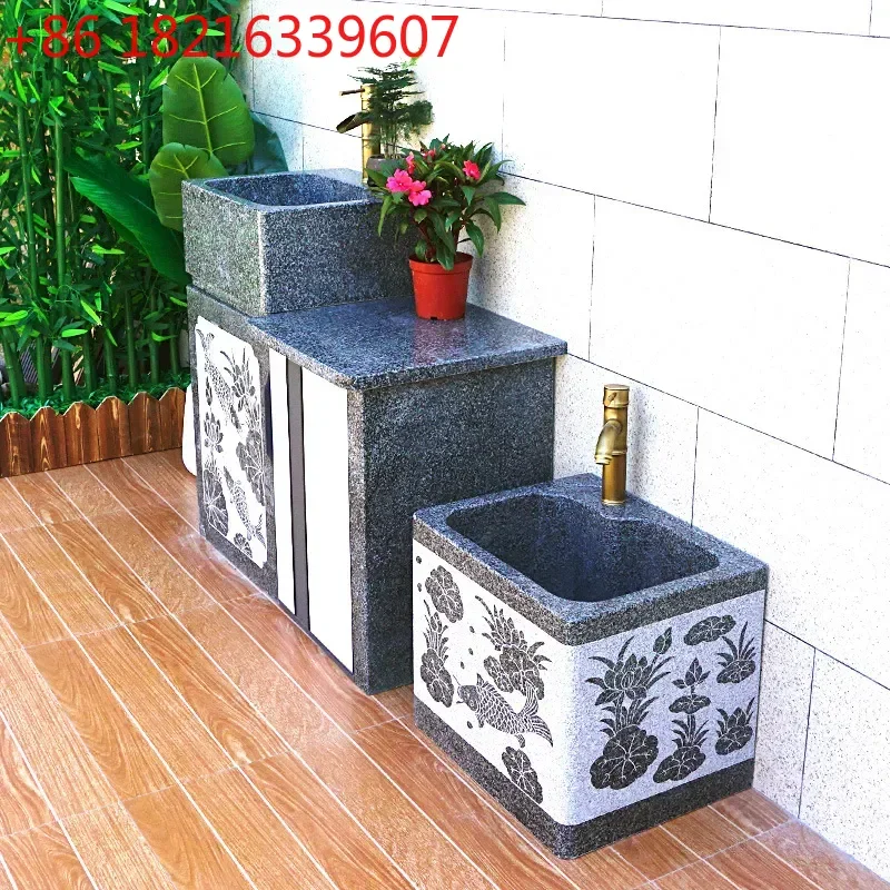 YAO Outdoor Marble Sink Basin Stone Pool Villa Garden Console Balcony Natural Stone Washbasin for Patio Courtyard Decor